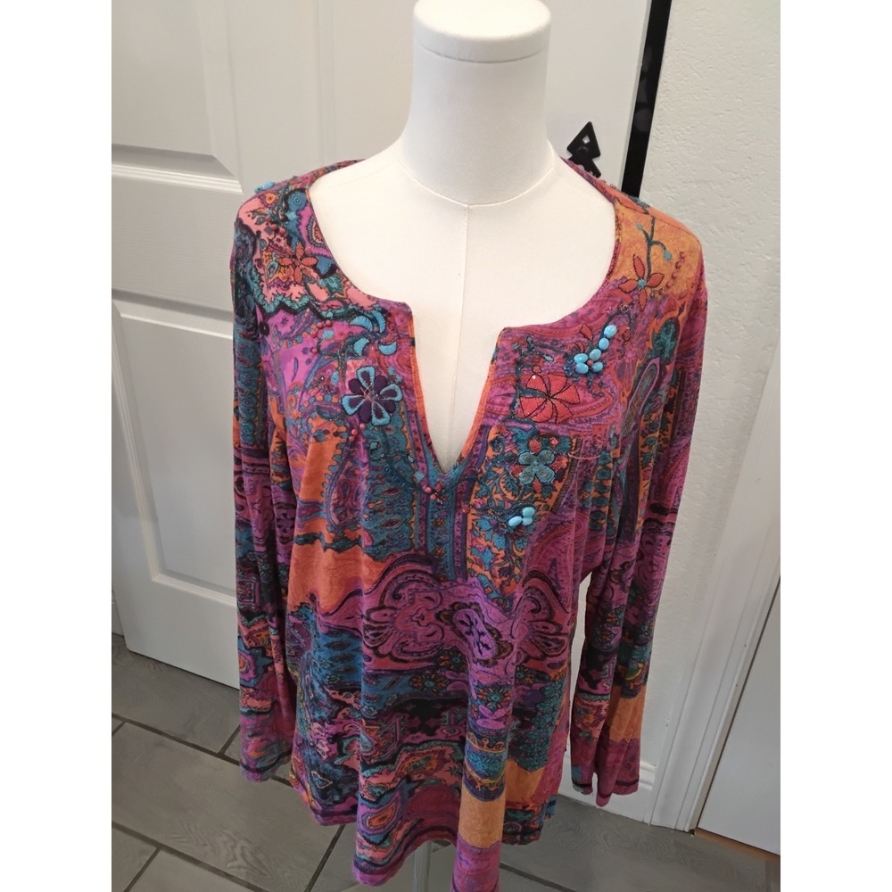 Chicos Paisley Floral Embroidered Beaded‎ Top Pink Orange Blue Size 2 Large